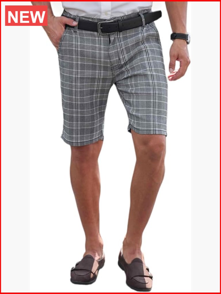 Mens Slim Fit Plaid Chino Golf Shorts Stretch Lightweight Summer Casual